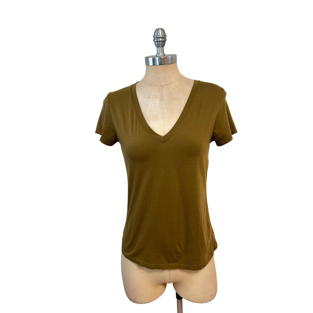 Vince Womens V-Neck Short Sleeve T-Shirt Pima Cotton Olive Green Size S